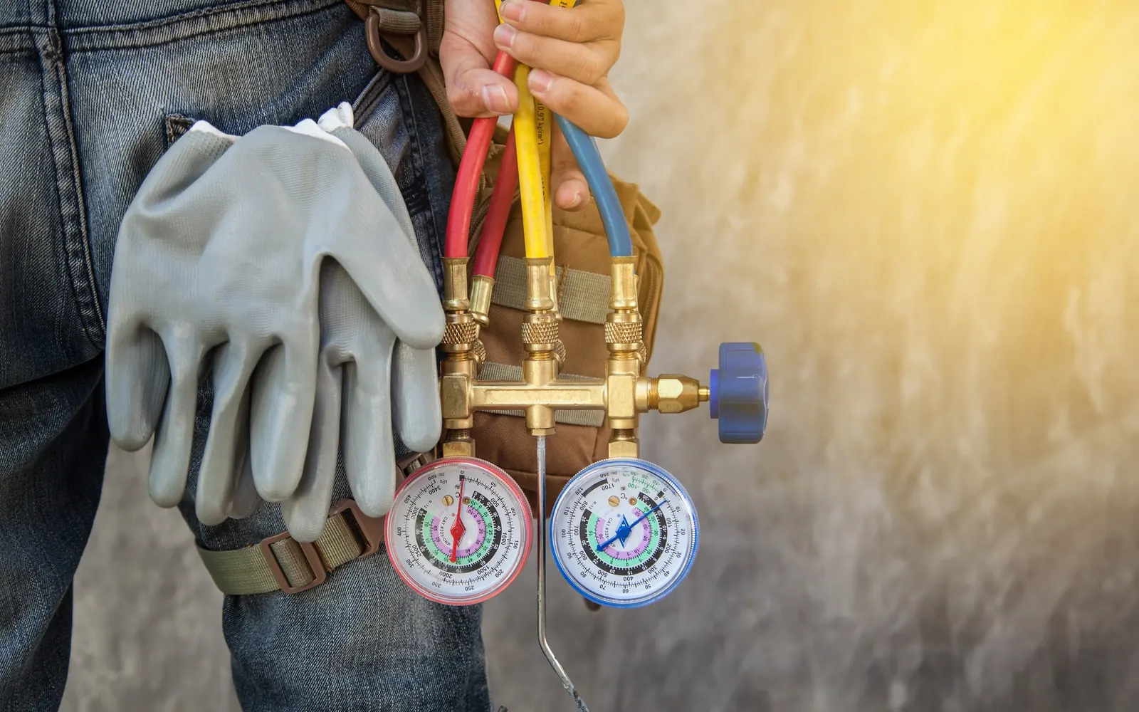 Technician holding refrigerant gauges